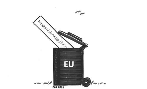Kakrikatur zeigt einen Mülleimer mit der Aufschrift EU aus dem ein Schild mit der Aufschrift Modernisierungspflicht herausschaut