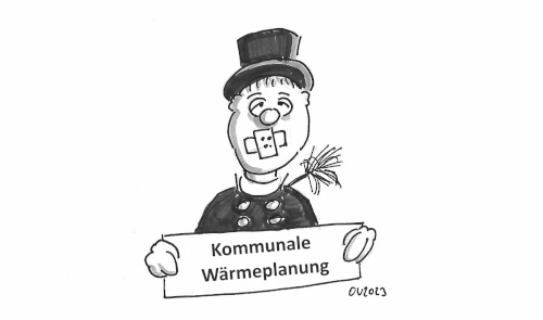 Karikatur zeigt einen deutschen Schornsteinfeger mit einem Pflaster auf dem Mund der ein Schild mit dem Titel Datenschutz in der Hand hält